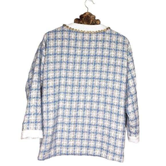 Sister Jane Blazer Cardigan Metallic Blue Tweed Plaid Long Bejeweled V Neck S - Picture 2 of 14